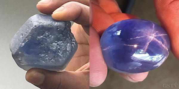 最近スリランカで発見されたサファイアの原石と研磨後の美しいスター効果