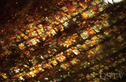 オリゴクレース・サンストーンに見られる鱗辺状の赤鉄鉱の内包物