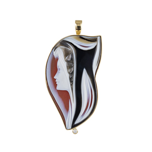 K18YG エルヴィン・パウリー 手彫り メノウカメオ ダイヤ ペンダントブローチ カメオ 約55×