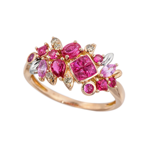 K18PG/WG ルビー ピンクサファイア ブラウンダイヤ ミステリーセッティング リング