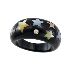 K18YG オニキス 黄蝶貝 ＆ 白蝶貝 ダイヤ スター リング D 約0.02ct