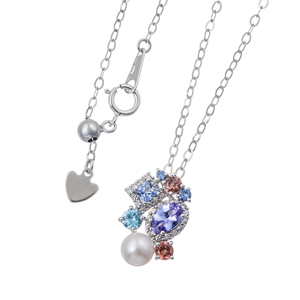 パラジウムシルバー950アコヤ真珠タンザナイトガーネットアイスブルーサファイアネックレス
