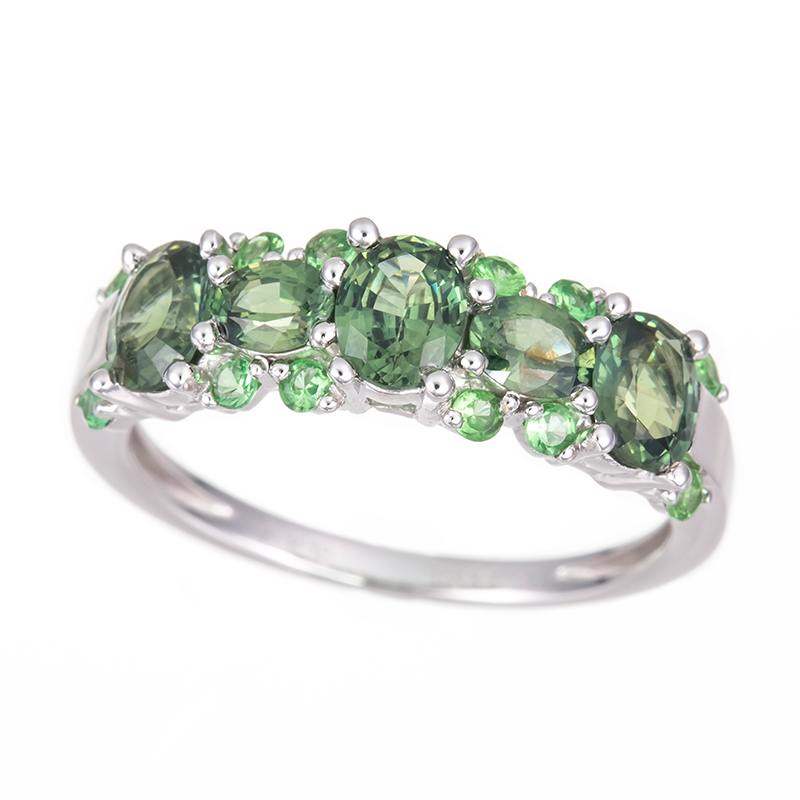 K18WG グリーンサファイア メレラニミントガーネット リングGS約1.50ctGA約0.20ct