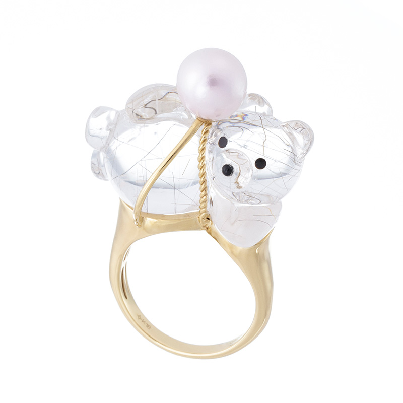 K18YGマティアス・ポストラールチルクォーツアコヤ真珠リング QU 32.00ct P 8.0mm