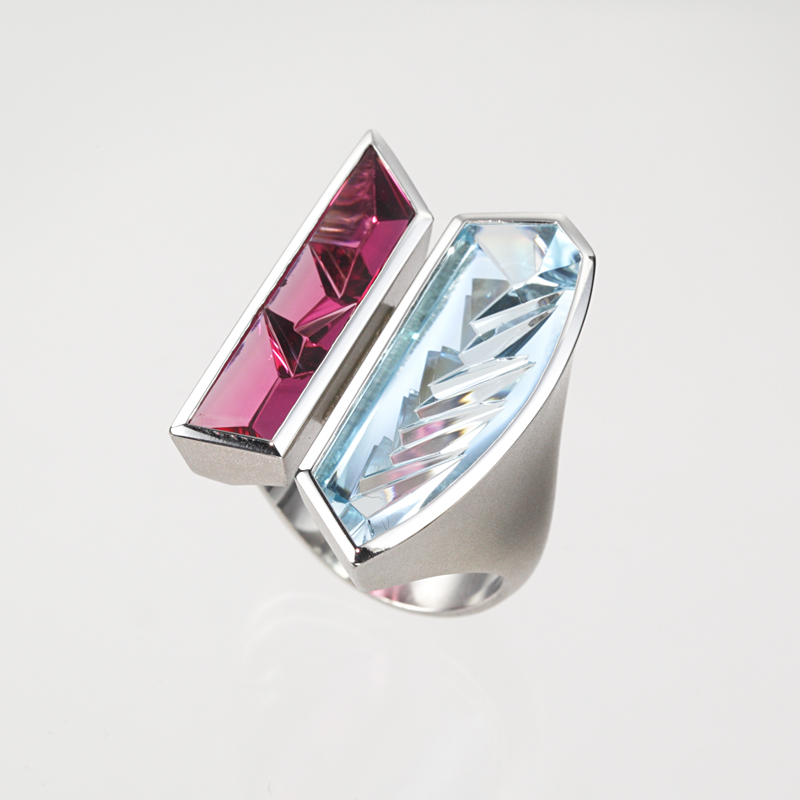 PT950 ムンシュタイナーカット アクアマリン ＆ トルマリン リング AQ 6.20ct T 2