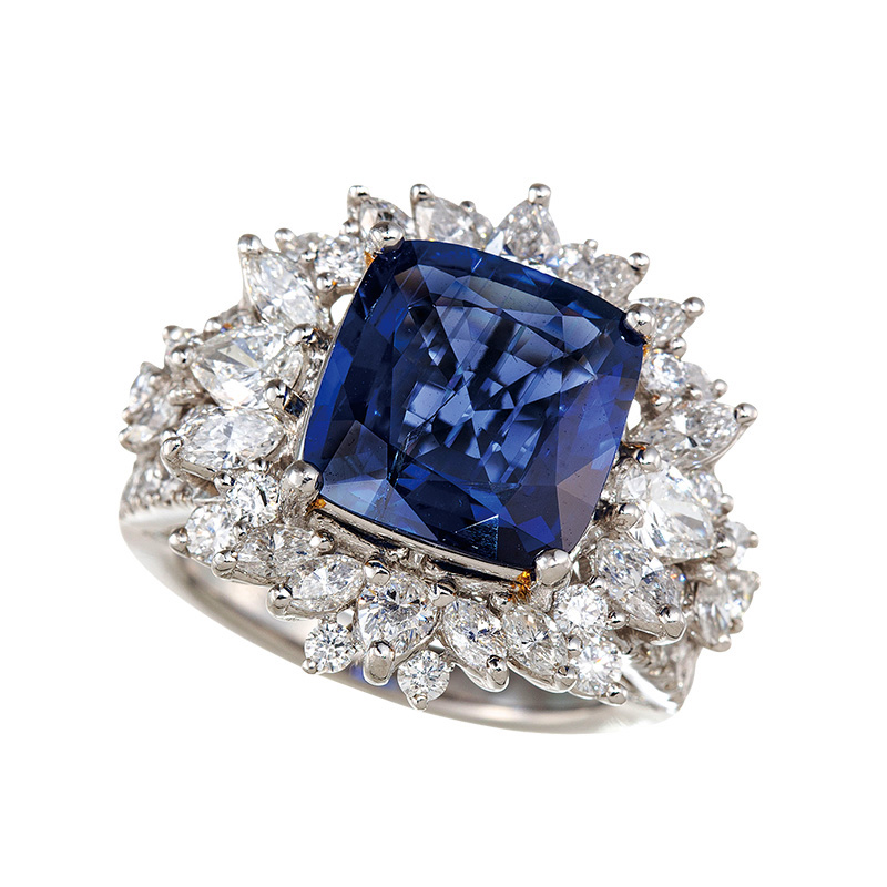 PT950 ミャンマー産非加熱サファイア ダイヤ ＆ H＆Cダイヤ(リリーダイヤカット) リング