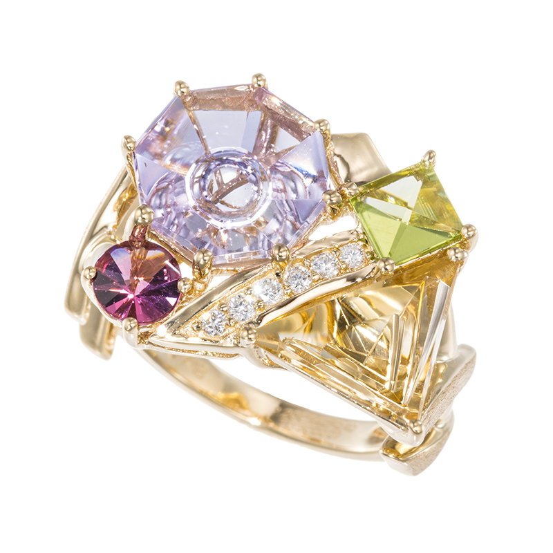 K18YG ムンシュタイナーカットアメシスト シトリン ペリドット ピンクトルマリン ダイヤ リング