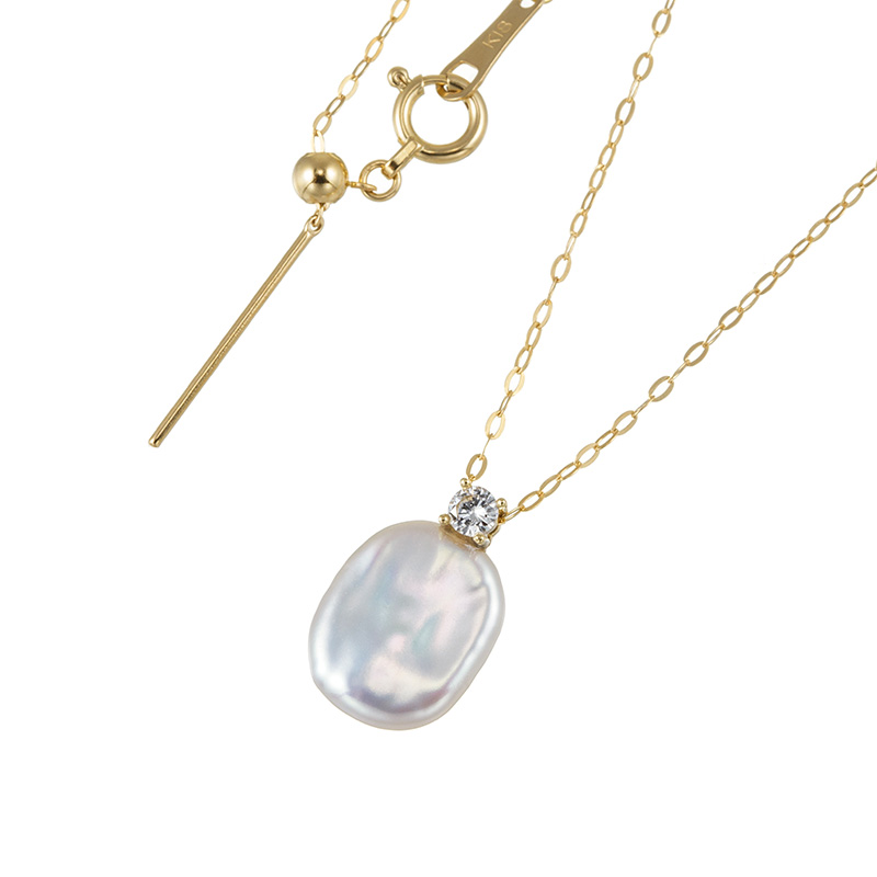 K18YG琵琶湖真珠(琵琶湖産湖水真珠使用) ダイヤ ネックレスP約10.0×8.5mm