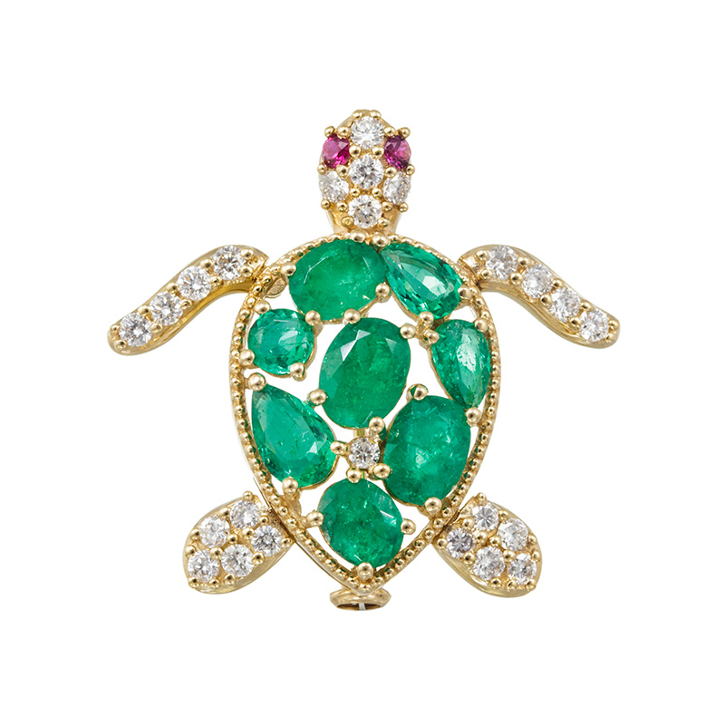 K18YG コロンビア産エメラルド ダイヤ ルビー 亀吉(かめきち) ペンダントブローチ