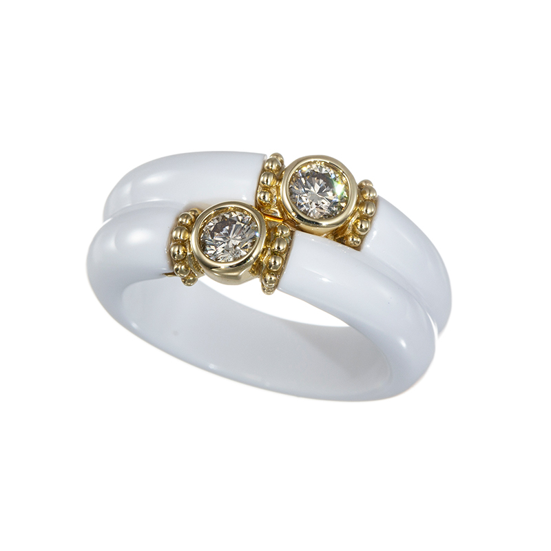 K18YG ブラウンダイヤモンド 白メノウ Duo リング BRD 約0.35ct 