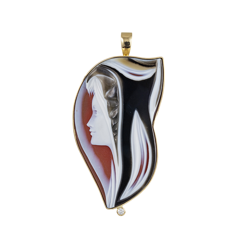 K18YG エルヴィン・パウリー 手彫り メノウカメオ ダイヤ ペンダントブローチ カメオ 約55×