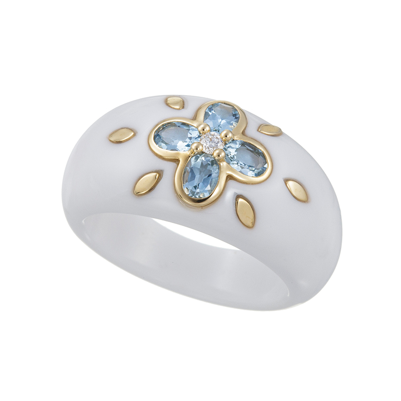 K18YG アクアマリン ダイヤ 白メノウ リング AQ 約0.45ct D 約0.02ct