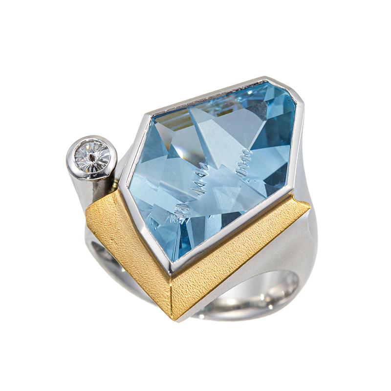 PT950/K18YG ムンシュタイナーカット アクアマリン スピリットサンカットダイヤ リング