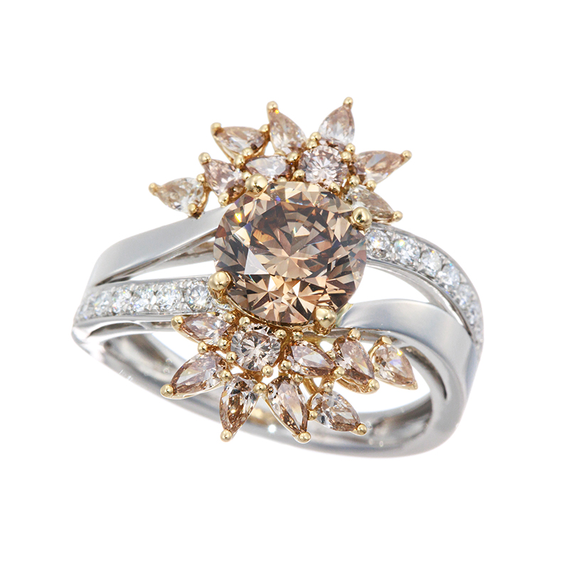 PT950/K18YG ブラウンダイヤモンド & ダイヤ DIVA リング BRD 約1.80ct