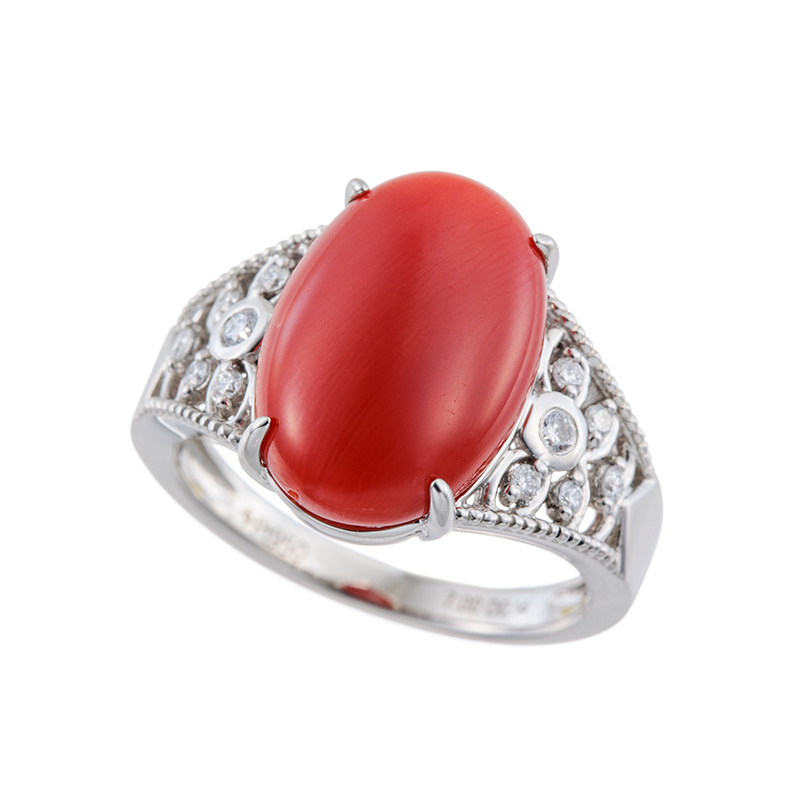 PT950 血赤サンゴ ダイヤ ミルグレイン リング COR 約7.00ct D 約0.14ct