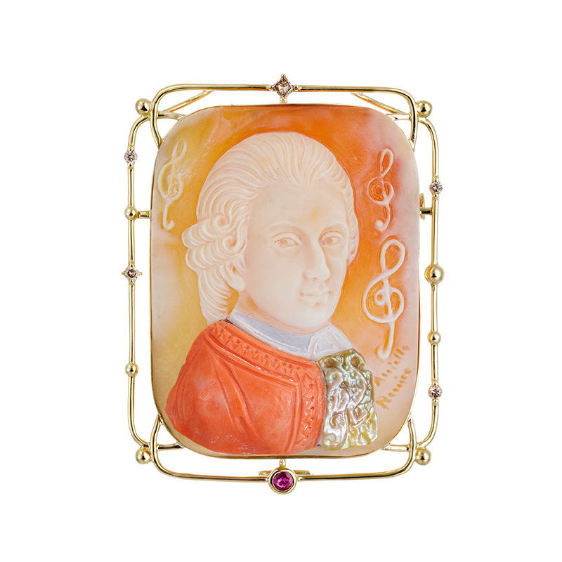 K18YGアニエッロ・ペルニーチェシェルカメオブラウンダイヤルビーペンブローチカメオ約45×34mm