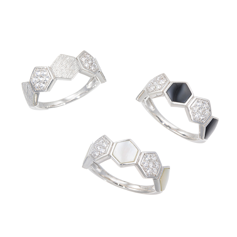 パラジウムシルバー950 天然ホワイトジルコン オニキス 白蝶貝 ヘキサゴン リング 3本セット