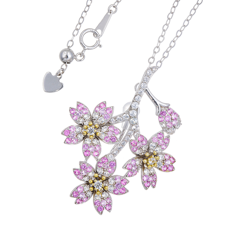 パラジウムシルバー950 ピンクサファイア 天然ホワイトジルコン 宵桜 ブローチネックレス