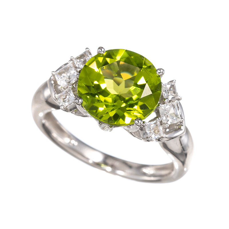 パラジウムシルバー950ペリドット天然ホワイトジルコン リングPE約3.00ctZI約0.45ct