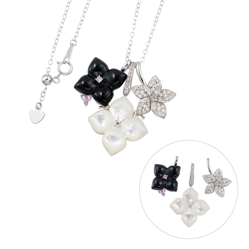 パラジウムシルバー950ピンサファ天然ホワイトジルコン白蝶オニキスマッツォリーノネックレス