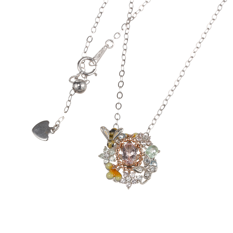 パラジウムシルバー950/K18PGモルガナイトエナメルフラワーガーデンネックレスMOR0.25ct