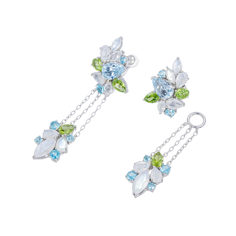 パラジウムシルバー950スカイブルートパーズレインボームーンストーンフェザータッチイヤリングチャーム