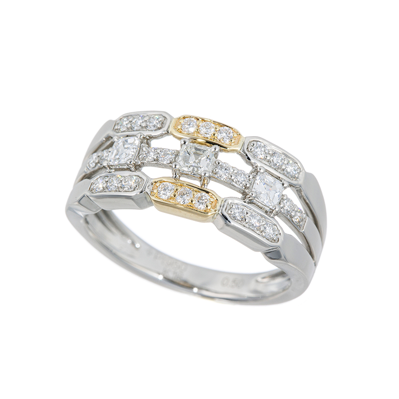 PT950/K18YGアッシャーカットダイヤモンド(リリーダイヤカット)＆ダイヤTriaリング