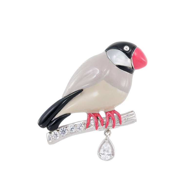 パラジウムシルバー950オニキス白蝶貝天然ホワイトジルコンエナメル桜文鳥ブローチZI約0.40ct