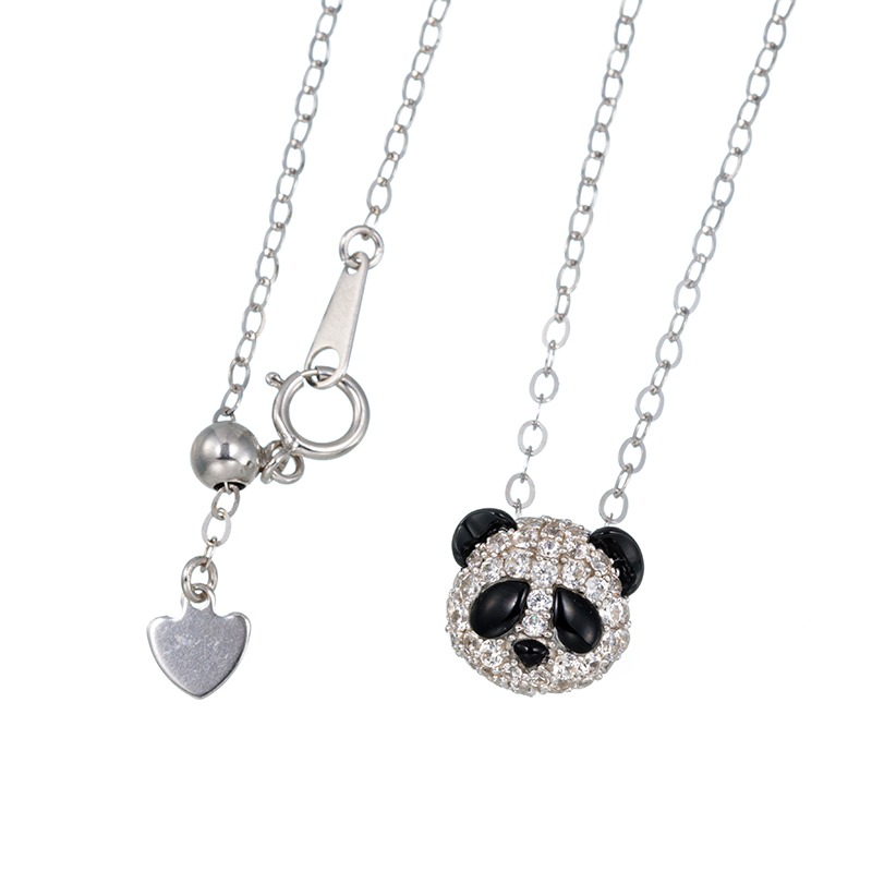 パラジウムシルバー950天然ホワイトジルコンオニキスPANDAネックレスZI約0.80ct