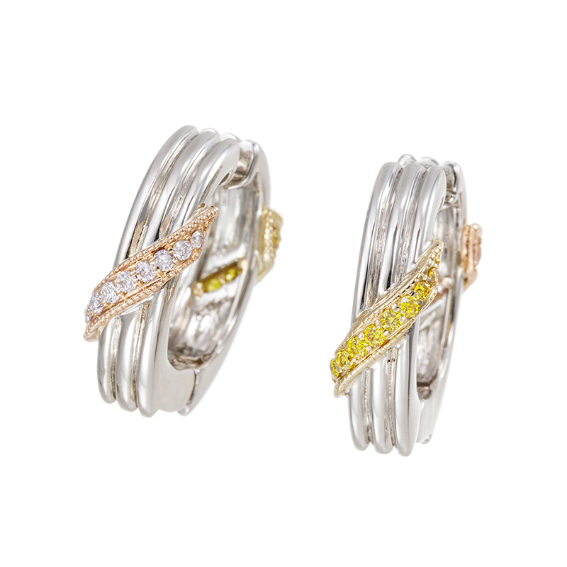 PT950/K18PG/YG ピンクダイヤモンド & ファンシーイエローダイヤ ピアリング 