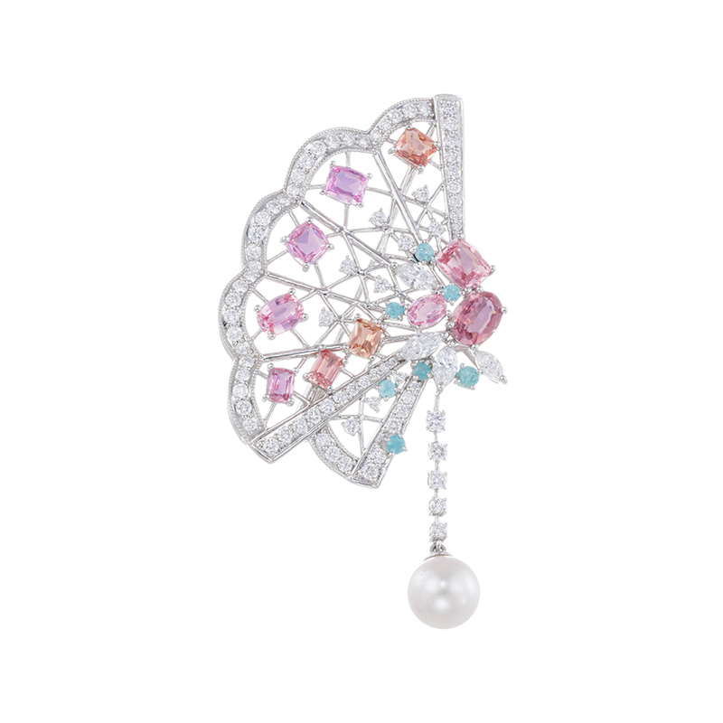 PT950マダガスカル産非加熱パパラチアサファイアブラジル産パライバトルマリンダイヤアコヤ真珠ブロチ