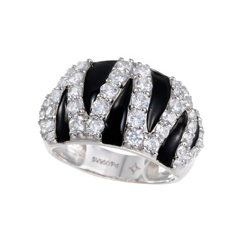 パラジウムシルバー950天然ホワイトジルコンエナメルWhiteTigerリングZI約2.50ct