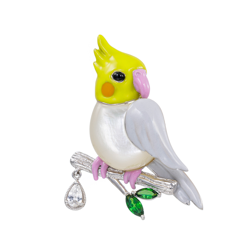 パラシル950 白蝶貝 オニキス ツァボライト 天然ホワイトジルコン エナメル オカメインコブローチ