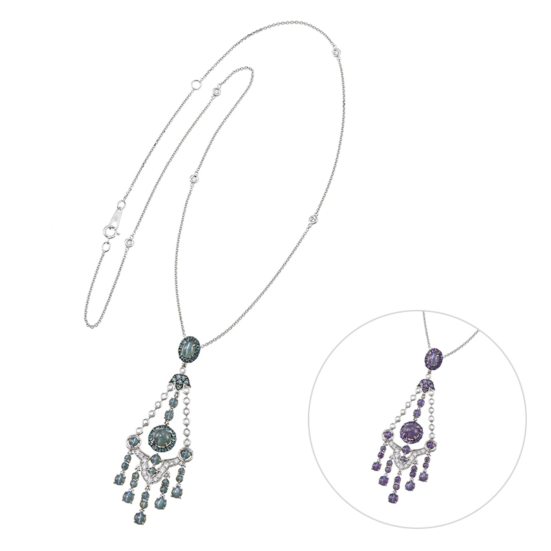 K18WG ブラジル産アレキサンドライトキャッツアイ & アレキサンドライト ダイヤ ネックレス