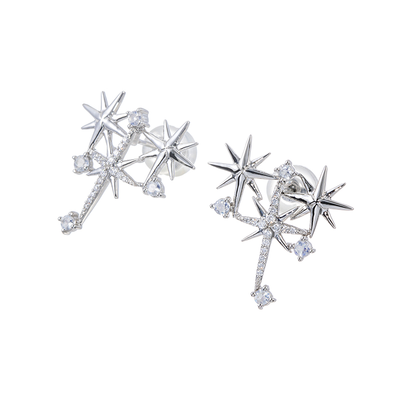 PT950 レインボームーンストーン ダイヤ Star Princess ピアス