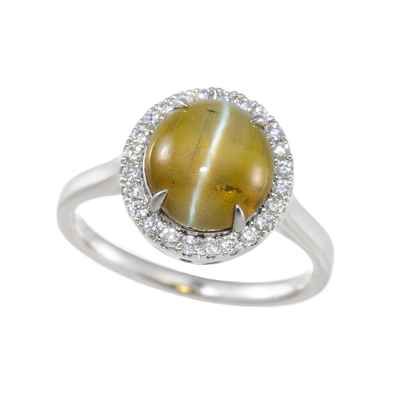 PT950 クリソベリルキャッツアイ ダイヤ リング CB4.13ct D0.26ct