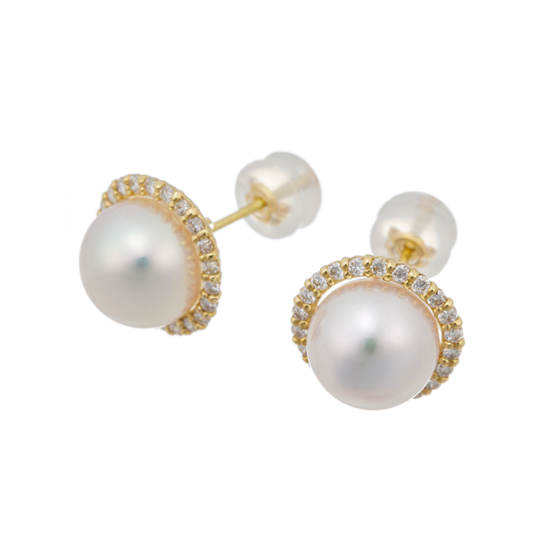K18YG アコヤ真珠 ダイヤ ピアス P 約8.0mm D 約0.30ct
