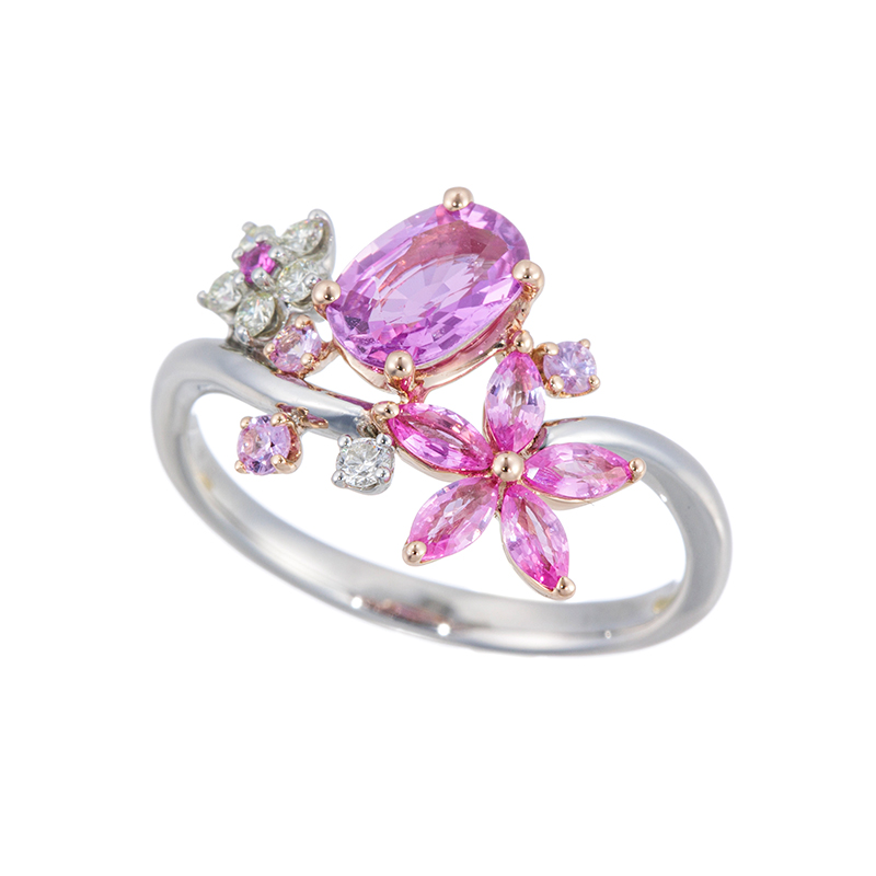 PT950/K18PGパープルサファイア&ピンクサファイアダイヤフラワーガーデンリング