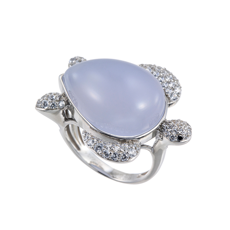 パラジウムシルバー950 ブルーカルセドニー 天然ホワイトジルコン ブラックダイヤ(トリート)リング