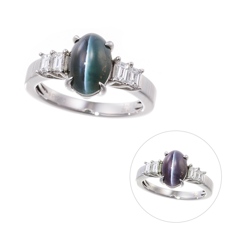 PT950ブラジル産アレキサンドライトキャッツアイダイヤ(リリーカット)リングAL3.620ct