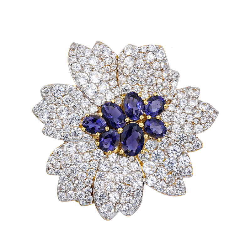 SV アイオライト 天然ホワイトジルコン ブローチ 