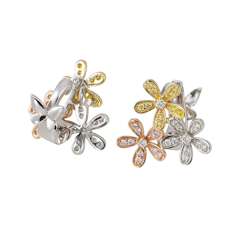 PT950/K18PG/YGピンクダイヤ ファンシーイエローダイヤ ダイヤ フローレットピアリング