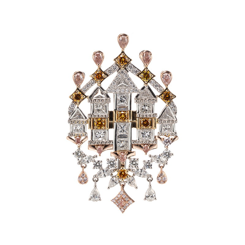 PT950K18ピンク&イエロー&ダイヤCastleペンダントブローチ(SI1)(SI2)(VS2)