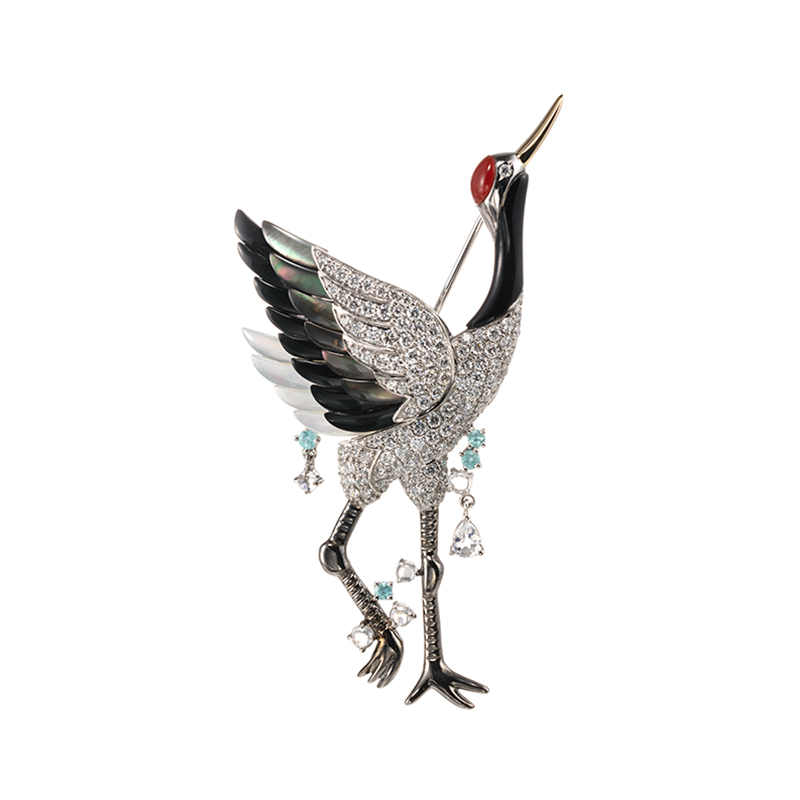 PT950/K18YGダイヤブラジル産パライバトルマリンレインボームーンストーンタンチョウブローチ