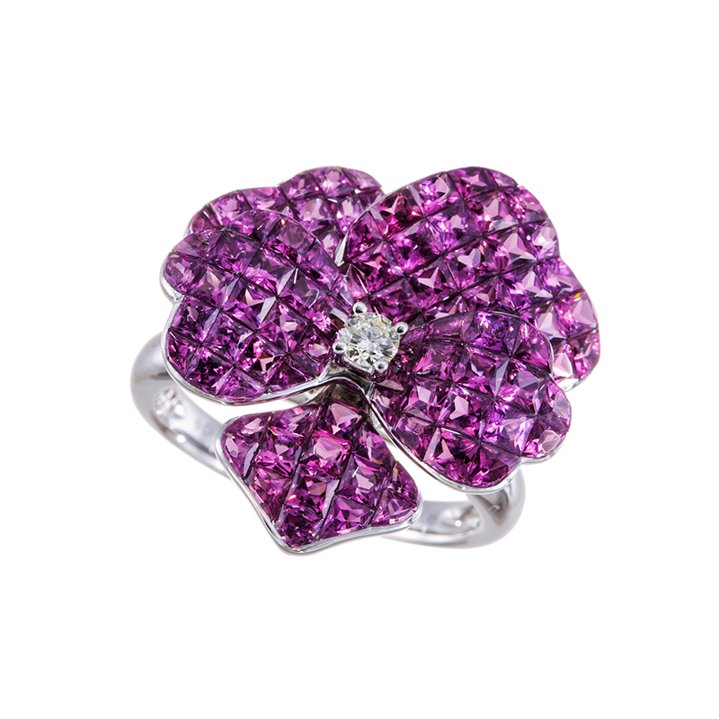 PT950 グレープガーネット ダイヤ パンジー ミステリーセッティング リング