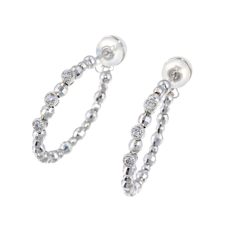 K18YG(ロジウムメッキ)ダイヤモンド＆ミラーボールフープピアスD約0.12ct総重量:約1.7g