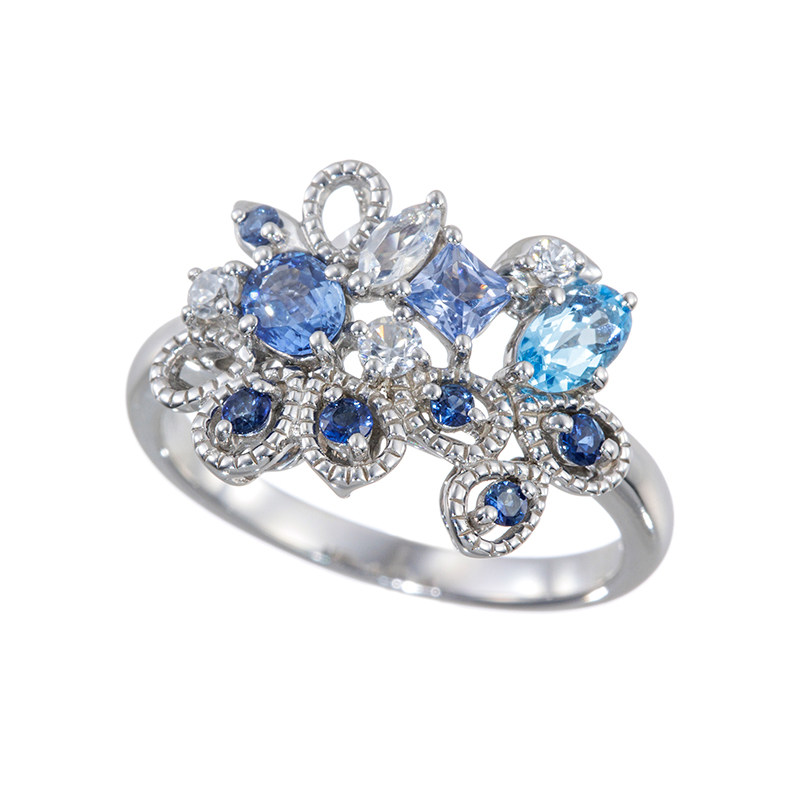 パラジウムシルバー950 サファイアブルートパーズ天然ホワイトジルコンレインボームーンストーンリング