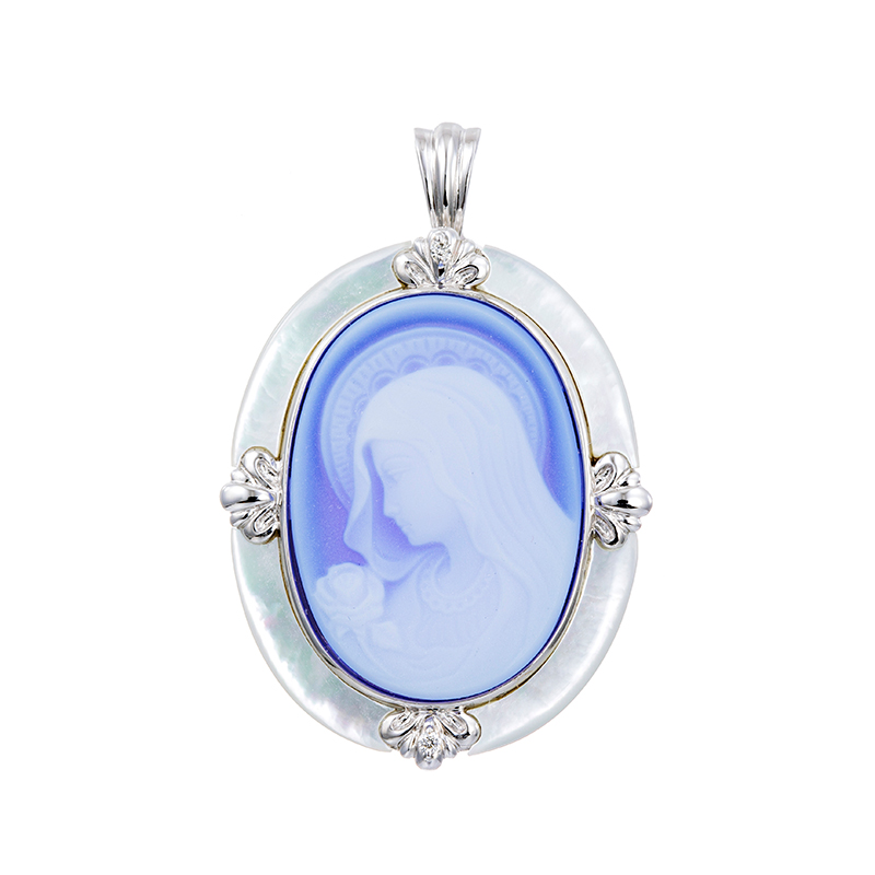 SV メノウカメオ ダイヤ 白蝶貝 ペンダントブローチ カメオ 約25×18mm D 約0.02ct
