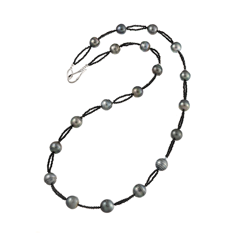 SV黒蝶真珠ブラックスピネルデザインロングネックレスP約10.0-13.0mmSP約35.00ct