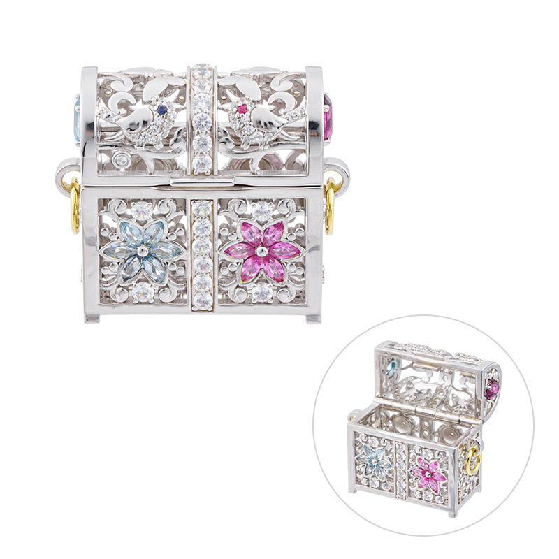 パラシル950 ブルージルコン ロードライトガーネット ピンクサファイア 花鳥風月 宝箱デザイン置物